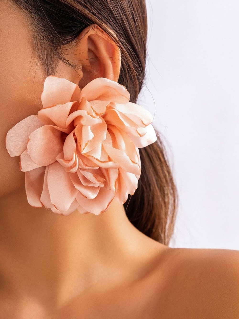 Korean Pink Fabric Flower Statement Earrings